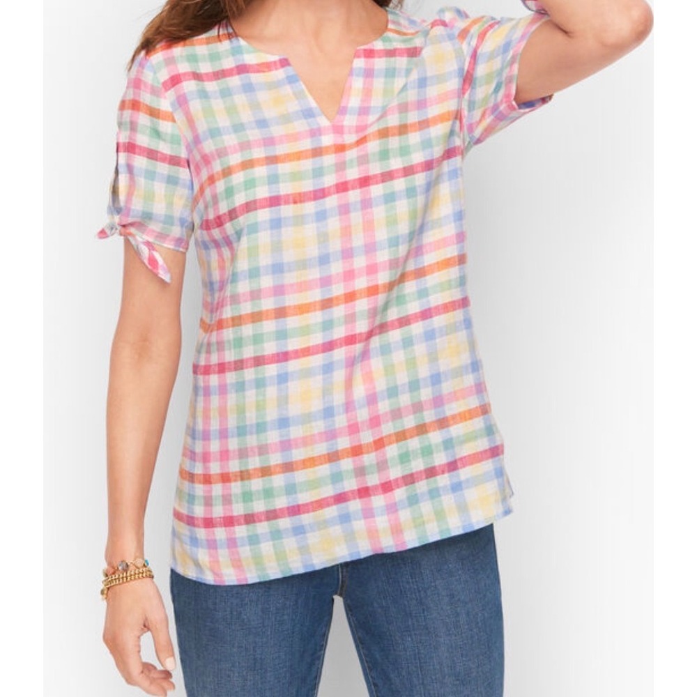 TALBOTS Tie Detail Split Neck Summer Top in 100% Linen Festive Plaid XL